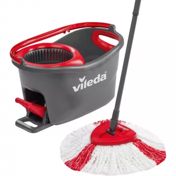 Mopa VILEDA EasyWring & Clean Turbo, balde de tecnopolímero vermelho, capa de microfibra lavável removível, para pavimentos duros
