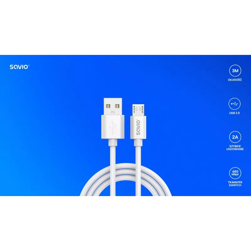 Cabo Savio USB 2.0 USB A - Micro USB branco CL-167 3 m