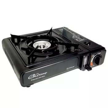 Fogão de campismo portátil a gás ELICO BDZ-155B para cartuchos de 2,2 kW, acendimento piezoelétrico.