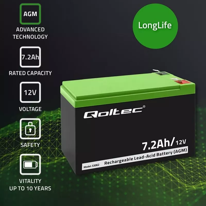 Bateria AGM Qoltec 53062 | 12V | 7,2 Ah | máx. 108A