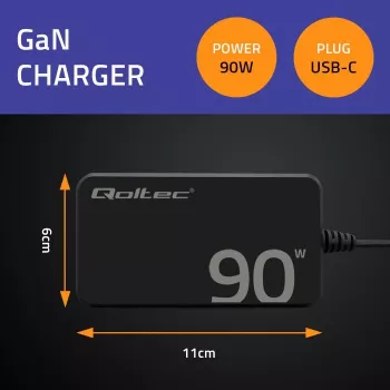 Carregador de parede Qoltec 90W GaN Super Fast SLIM | XP | 5-20V | 4,5A | USB-C 3.1 | Portátil | MacBook | Smartphone | + cabo