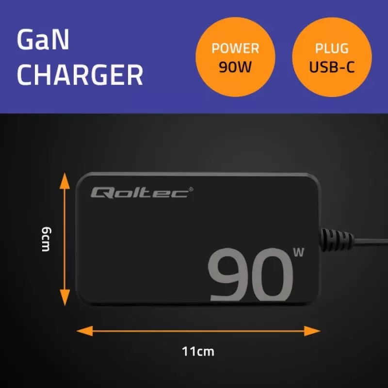 Carregador de parede Qoltec 90W GaN Super Fast SLIM | XP | 5-20V | 4,5A | USB-C 3.1 | Portátil | MacBook | Smartphone | + cabo