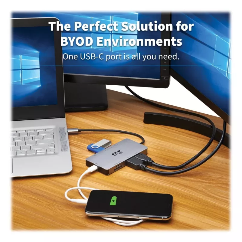 Docking station USB-C Eaton Tripp Lite, ecrã duplo - 4K 60 Hz HDMI, USB 3.2 Gen 1, hub USB-A, GbE, cartão de memória, função de carregamento PD 100W, cinzento - Docking station - USB-C - 2 x HDMI - 1GbE (U442-DOCK