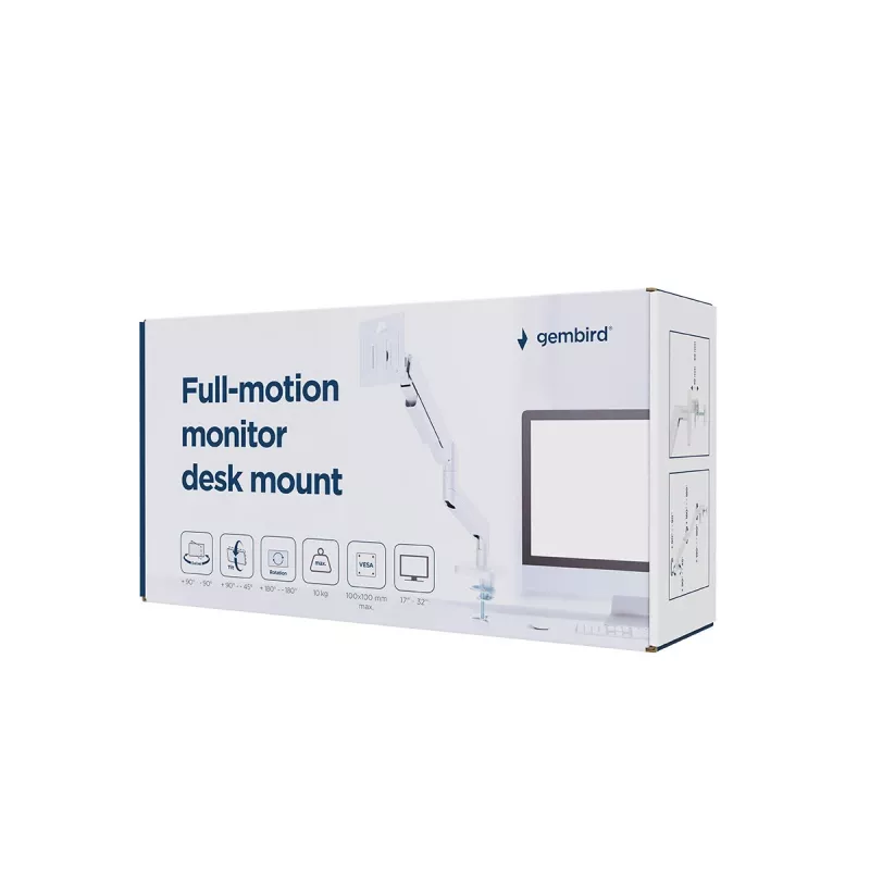 Suporte para monitor Gembird MA-DA1-04-W com fixação à secretária para ecrãs de 17–32 polegadas, VESA 75x75–100x100, carga máx. 10 kg, branco