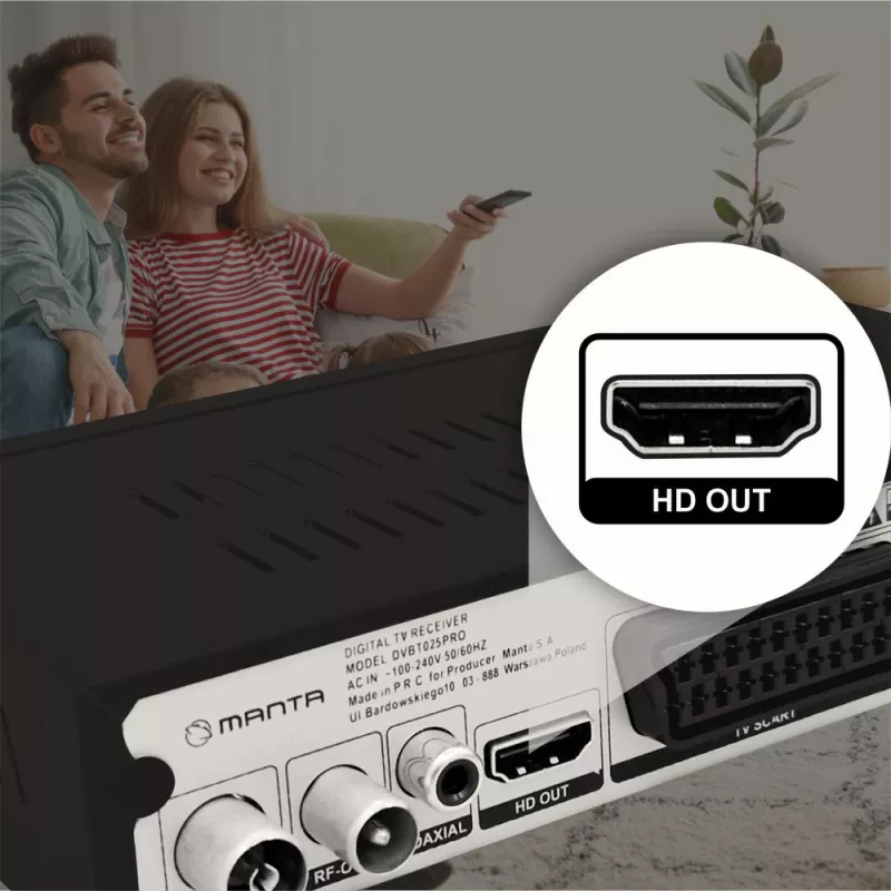 Recetor de TV digital MANTA DVBT025PRO DVB-T2 suporte Full HD gravação USB
