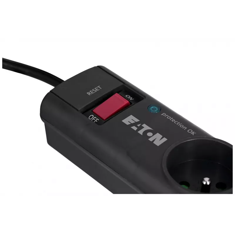 Régua de tomadas com proteção contra sobretensão EATON Power Strip 4 FR — 4 tomadas Type-E, cabo de 1 m, 10 A, 2500 W, indicadores LED