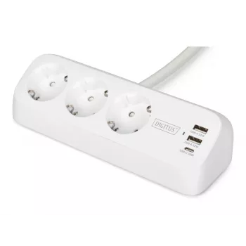 Extensão elétrica DIGITUS 3 tomadas com 2×USB-A e 1×USB-C, 3 tomadas AC Type E/F, cabo de 1,5 m, branco