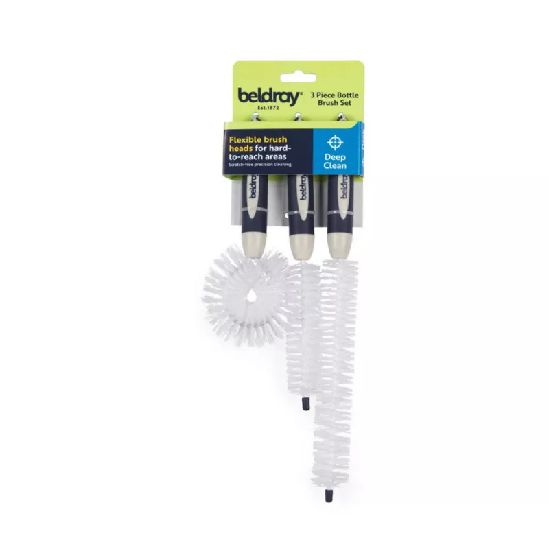 Conjunto de escovas para garrafas Beldray LA030117FEU7 — 3 peças escovas de limpeza profunda para garrafas e recipientes estreitos