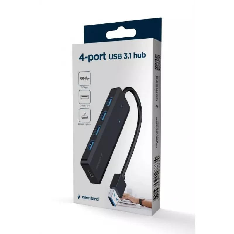 Hub USB Gembird 4 portas USB 3.1 (Gen 1) — 4 portas, USB 3.2 Gen 1 Type-A, 5V/2.1A, 109×30×10 mm, preto