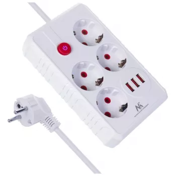 Extensão elétrica MACLEAN MCE392 W — 4 tomadas F, 3×USB A, 110–240 V, 2,1 A máx, 2500 W, cabo de 1,5 m, branco