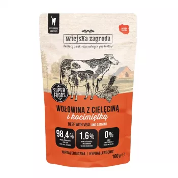 Alimento húmido para gatos wiejskazagroda vaca com vitela e erva-gateira adulto 100 g, 75% humidade, 10,8% proteína, 9% gordura