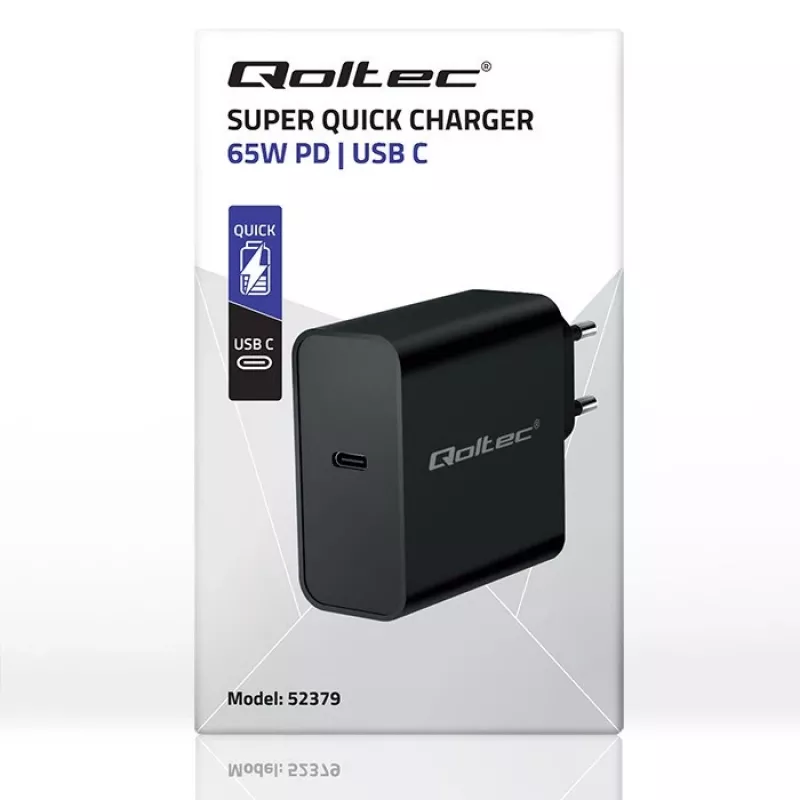 Carregador QOLTEC Super Quick PD 65W USB‑C Power Delivery 5–20V, 1x USB‑C, USB PD 3.0, ficha Type-C, 65 W