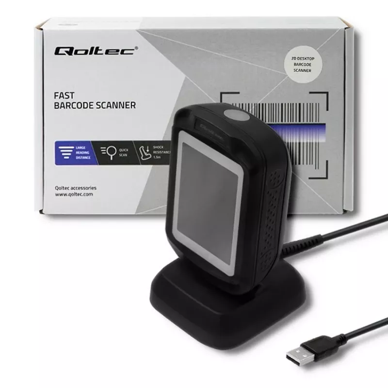 Leitor de códigos de barras fixo 1D/2D QOLTEC 50864, sensor LED, USB (com fios), preto, 145×85×80 mm