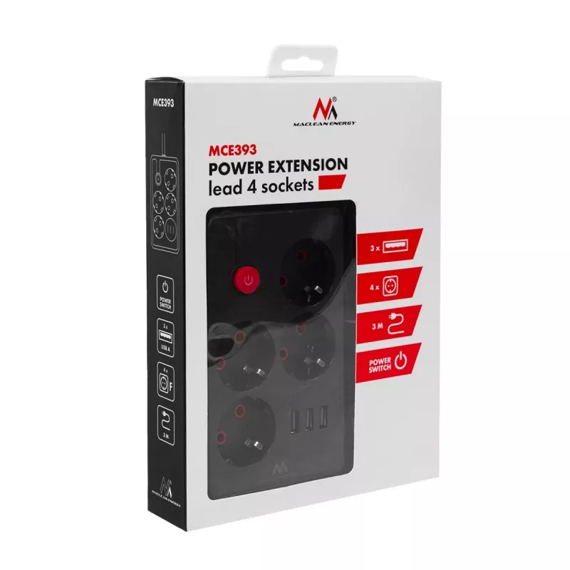 Extensão elétrica MACLEAN MCE393 B — 4 tomadas, 3×USB, 110–240 V, 2500 W, cabo de 3 m, preto