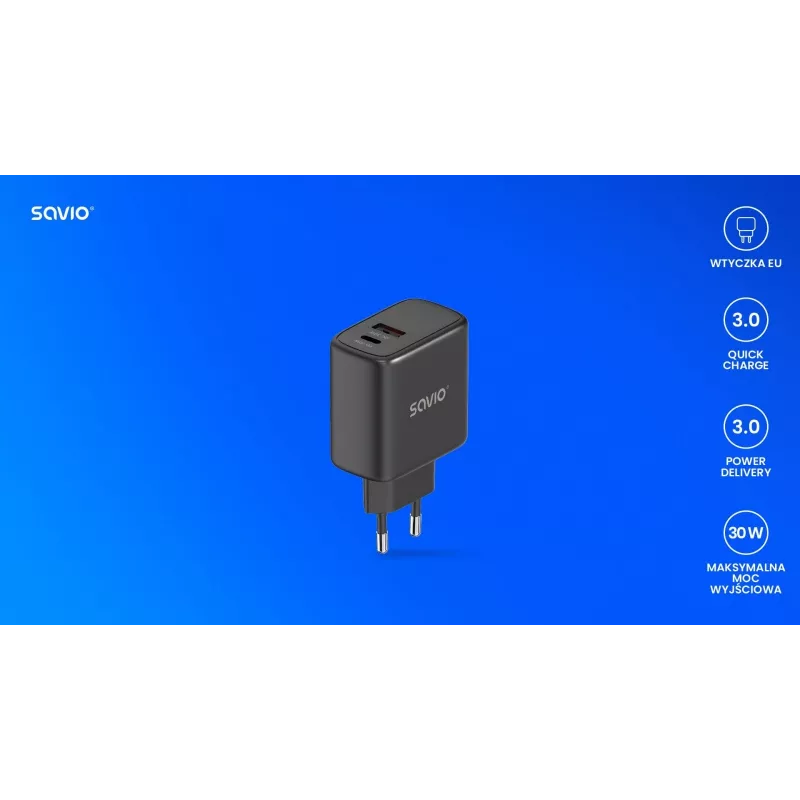 Carregador de parede SAVIO LA-06/B 30 W, USB-A + USB-C, Quick Charge, Power Delivery 3.0, preto