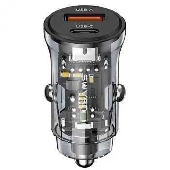 Carregador de automóvel usams CC164CC01 30W com 1×USB-A e 1×USB-C para carregamento rápido