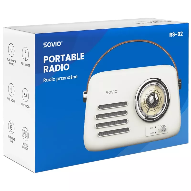 Rádio portátil SAVIO RS-02 — sintonizador FM analógico, Bluetooth 5.3, alimentação USB, 3 W, branco
