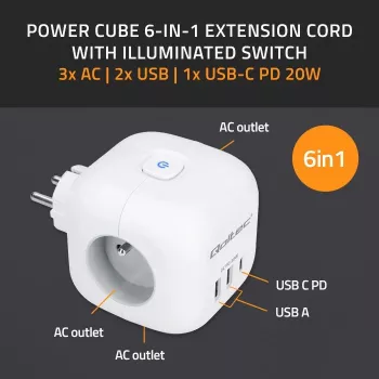 Régua de tomadas QOLTEC 52548 com 3 tomadas AC e porta USB