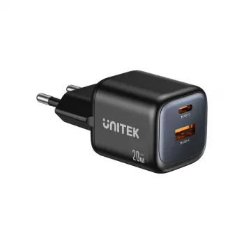 Carregador de parede Unitek P1128ABK01-EU – 2 portas GaN USB‑C & USB‑A, total 20W, preto
