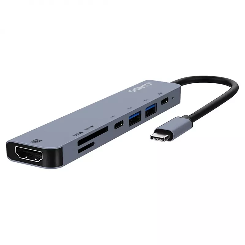 Hub USB Type-C SAVIO AK-82 com HDMI, MicroSD, USB 3.2 Gen1, PD pass-through, 4K@30Hz, 5000 Mbit/s, preto