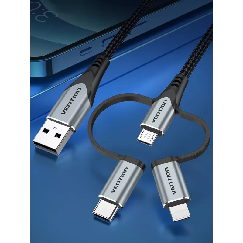 Cabo Vention USB 2.0 A macho para 3-em-1 Micro-B&USB-C&Lightning macho 1M cinzento liga de alumínio