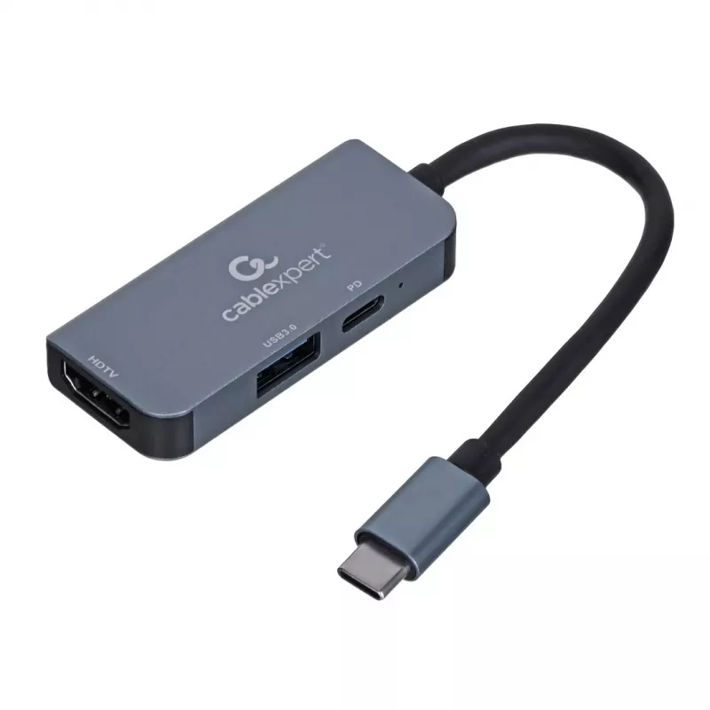 Gembird A-CM-COMBO3-02 adaptador multiporta USB-C 3 em 1, hub USB 3.2 Gen 1, HDMI 4K, USB-C PD 87 W, prateado