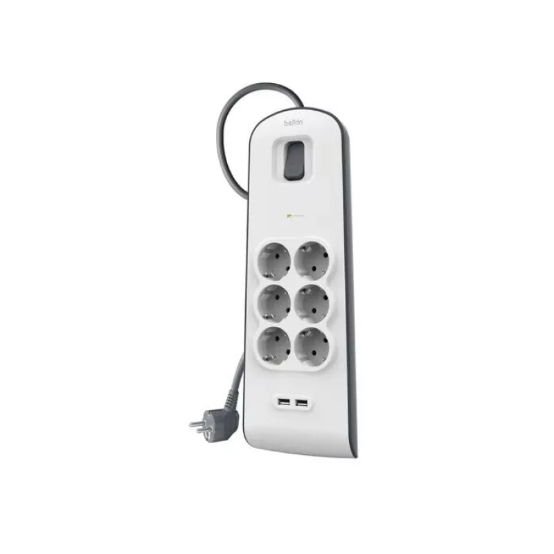 Extensão de tomadas Belkin BSV604VF2M-V2 — 6 tomadas, 2× USB-A, cabo de 2 m