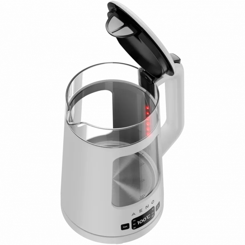 Chaleira elétrica AENO EK6: 1850-2200W, 2L, Strix, forma quadrada, tampa transparente, vidro altamente resistente, iluminação LED, desligamento automático, proteção contra funcionamento a seco