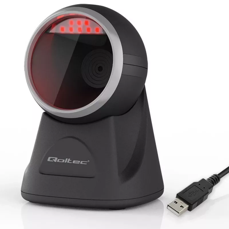 Leitor de códigos de barras de mesa Qoltec para códigos 1D e 2D, leitor de QR, preto