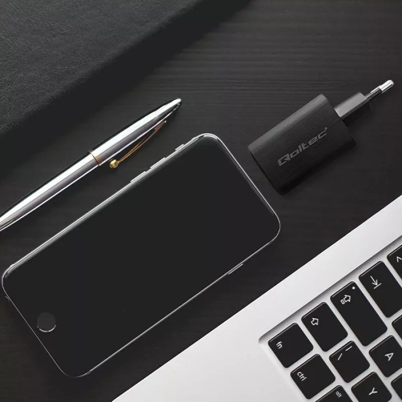 Carregador Qoltec 50766 para dispositivos móveis portátil, consola de jogos portátil, powerbank, smartphone, smartwatch, tablet preto AC carregamento rápido para interiores