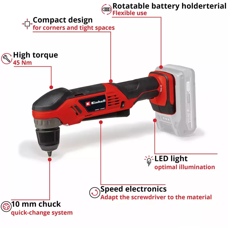 Einhell TE-AD 18 Li Solo berbequim angular a bateria, Power X-Change, 18 V, 45 Nm, sem bateria e carregador, vermelho/preto