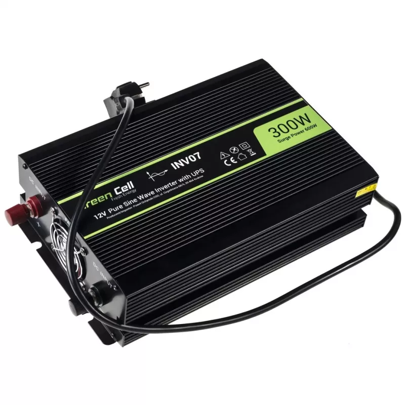 Conversor de tensão Green Cell INV07, DC 12 V para AC 230 V, 300 W, 50 Hz, ficha Type-C, preto