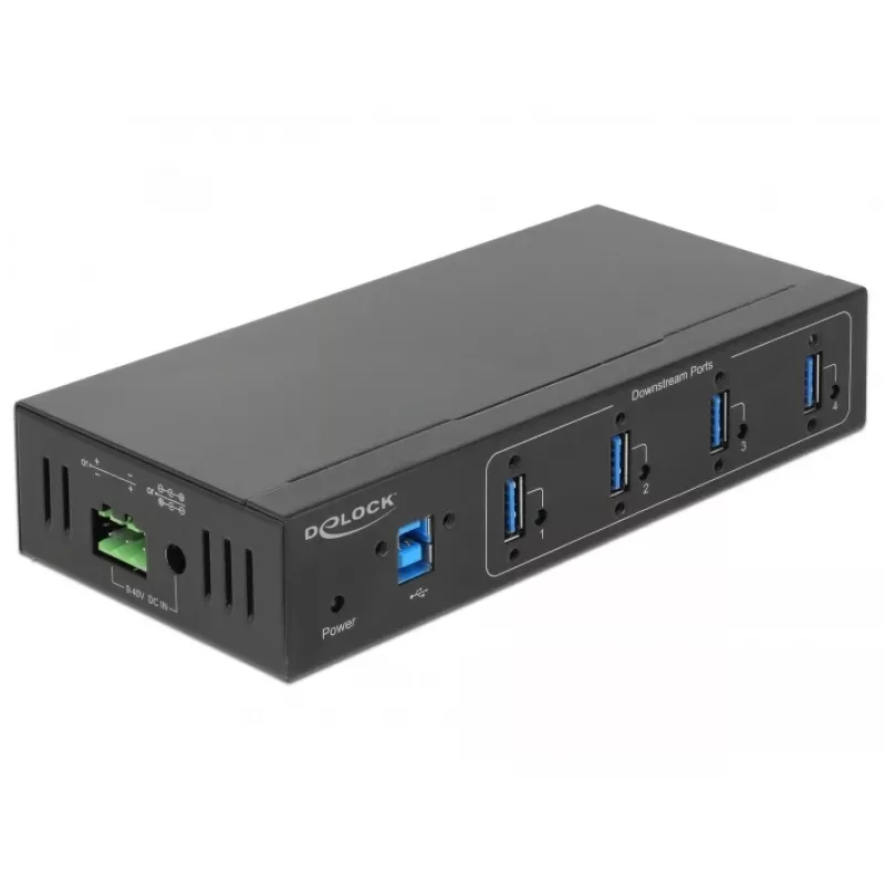 Delock 63309 hub USB industrial externo, 4 x USB 3.0 Type-A, proteção ESD de 15 kV, caixa metálica, montável na parede