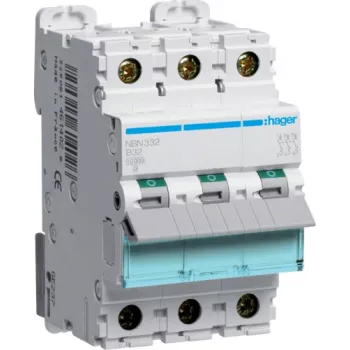 Disjuntor Hager NBN332 tipo B 3 3 módulos (NBN332)