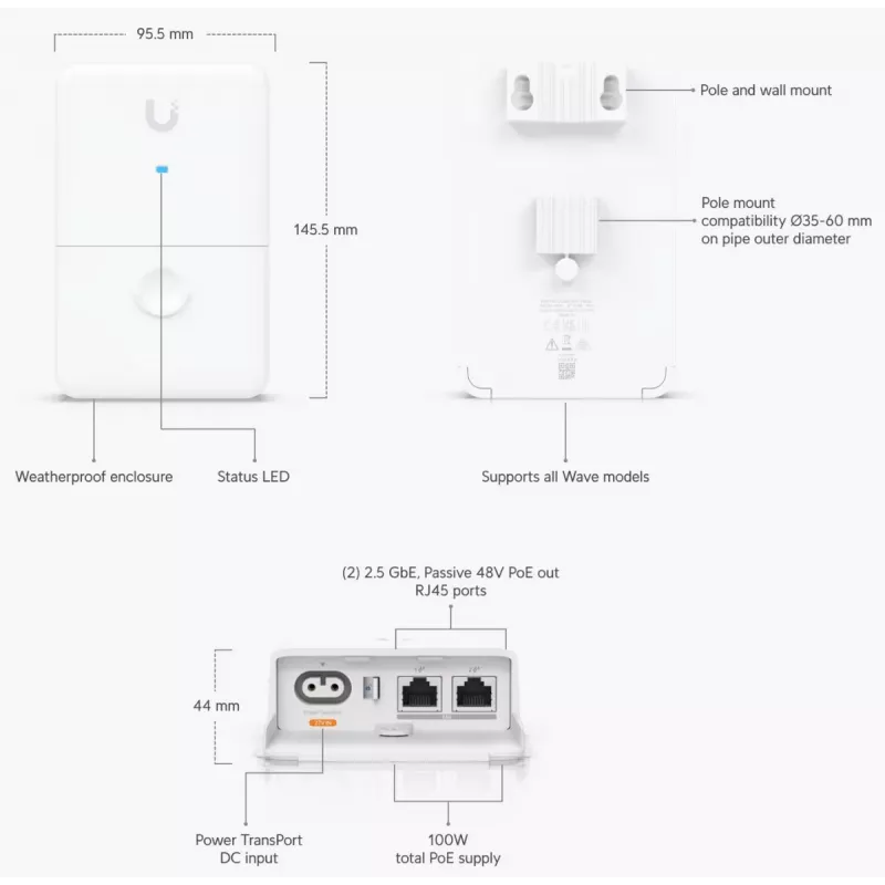 Injetor de alimentação dupla Ubiquiti UISP 2.5 Gigabit Ethernet 48 V