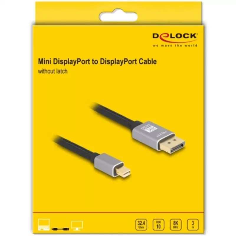 Cabo DisplayPort Delock - Mini DisplayPort (macho) para DisplayPort (macho) - DisplayPort 1.4 - 3,0 m - Suporta 8K 60 Hz - preto, cinzento (81093)
