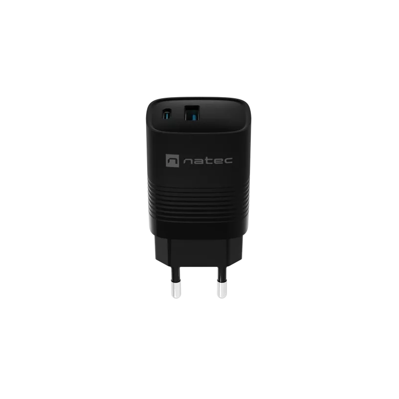 Carregador com fio NATEC para dispositivos móveis NUC-2141, 30W, USB-C PD 3.0 + USB-A QC 3.0, 110–240V, preto