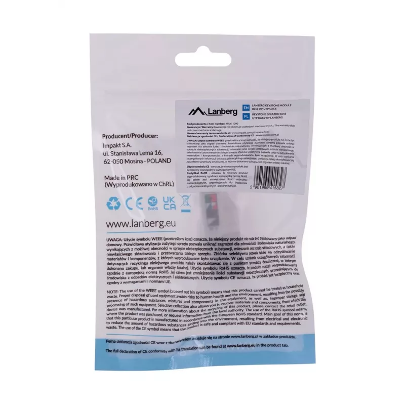 Módulo Keystone LANBERG KSU6-1090, Cat6 U/UTP plano, ficha RJ-45 para conector fêmea LSA, AWG 22/26, 14.5×16.1 mm, branco