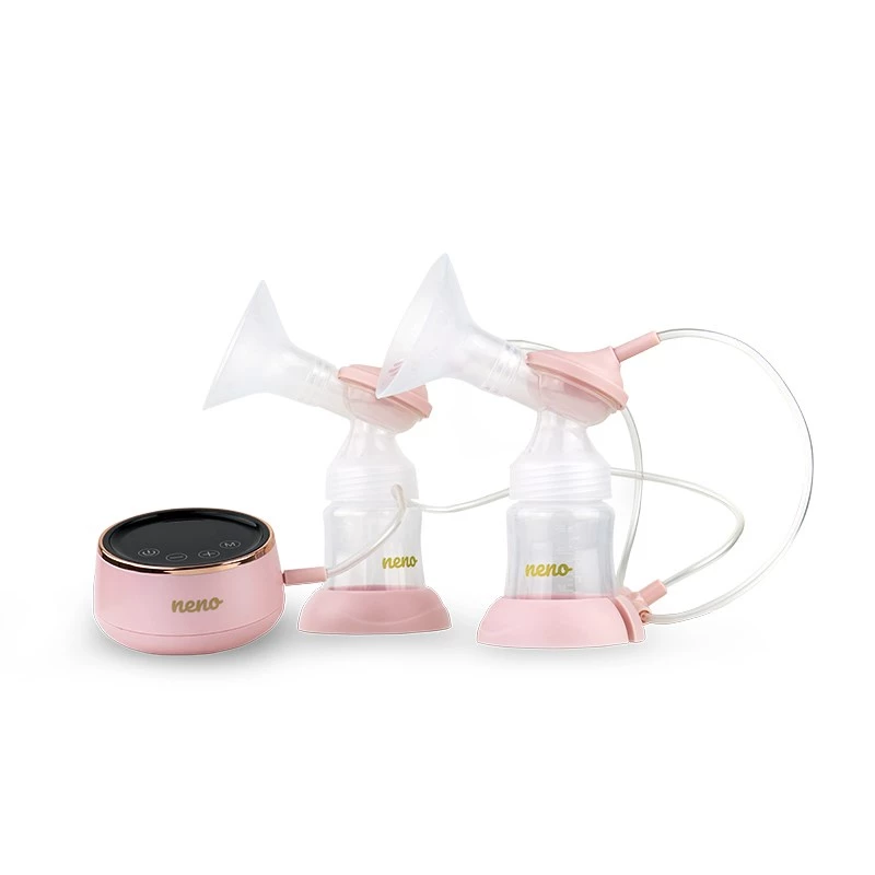 Bomba tira-leite elétrica neno Bella Twin – eletrónica, biberões de 150 ml, 6 níveis de estimulação / 9 de sucção, bateria de iões de lítio USB, rosa/transparente