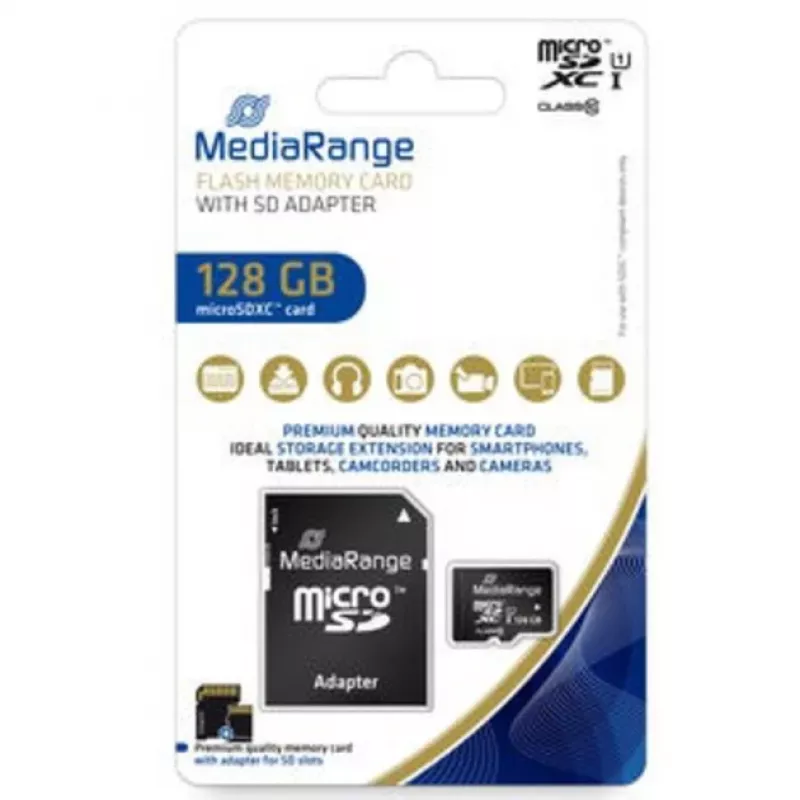MediaRange MR945 - Cartão de memória (microSDXC com adaptador SD) - 128 GB - UHS-I / Classe 10 - microSDXC - Preto (MR945)