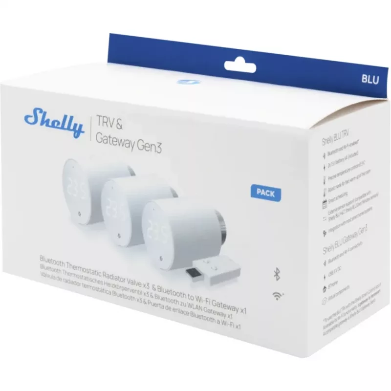 Shelly BLU TRV pack de 3 un. de termóstatos para radiador com BLU Gateway Gen3, branco