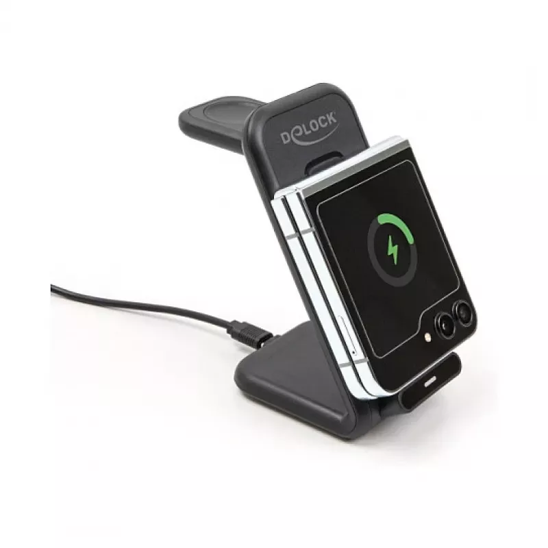 DELOCK 66941 Carregador sem fios 3-em-1 para smartphone smartwatch auscultadores USB Type-C 15 W interior preto