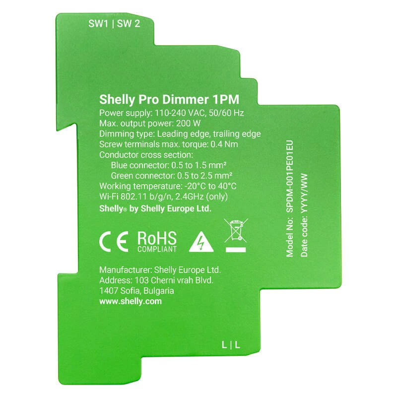 Interruptor inteligente de calha DIN Shelly Pro Dimmer 1, 1 canal