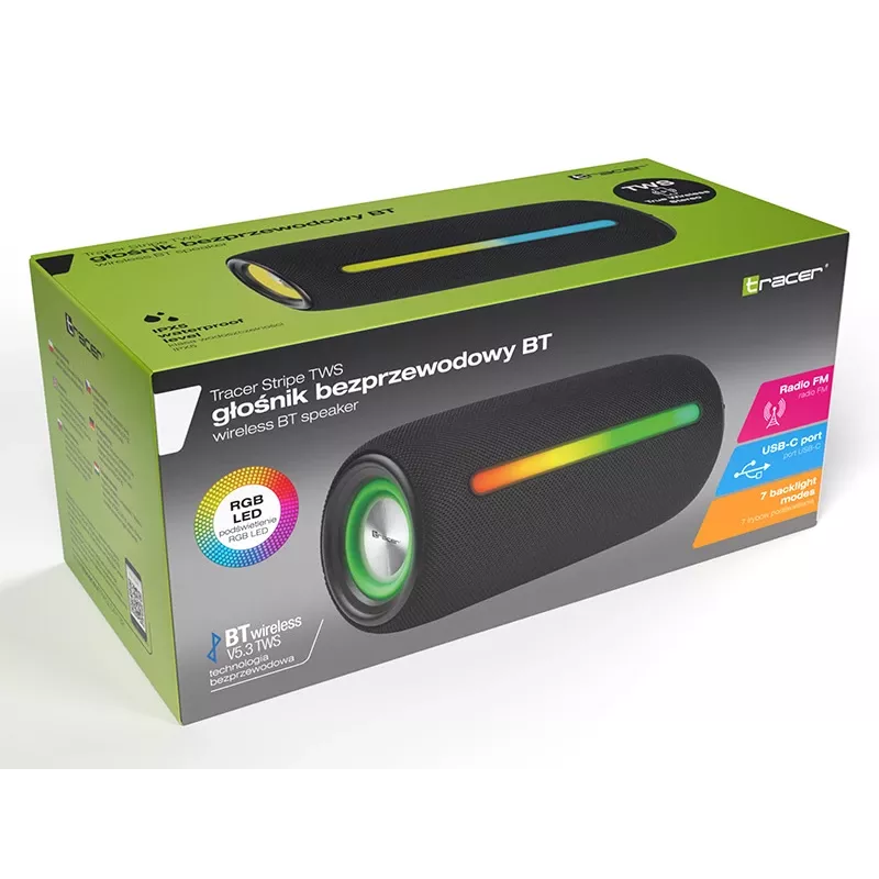 Altifalante estéreo portátil TRACER Stripe preto — 10 W RMS, Bluetooth/com fios, USB-A e USB-C, MicroSD, bateria integrada (até 5 h)