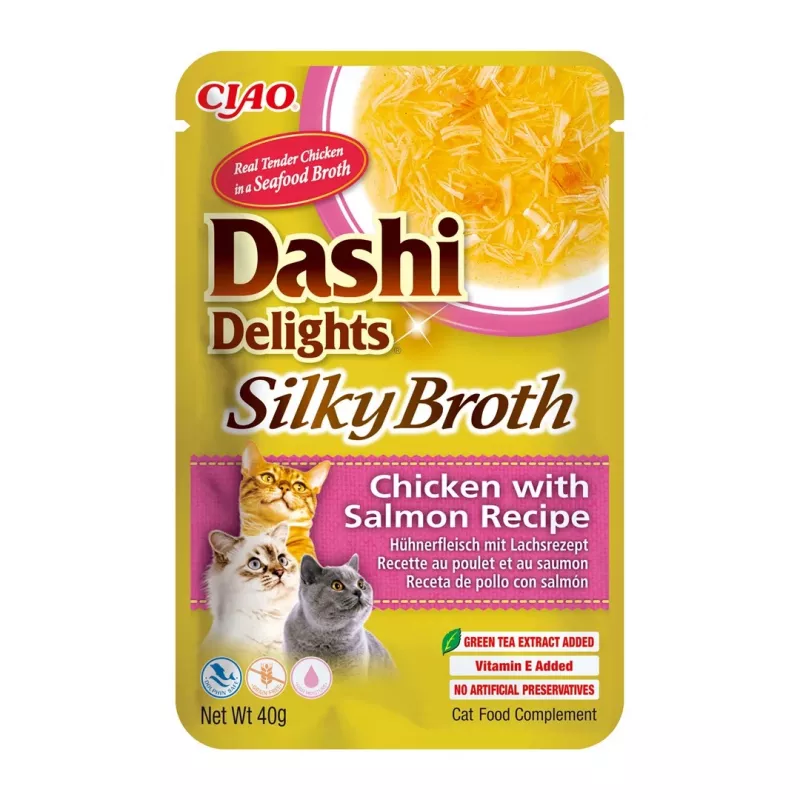 INABA CAT Dashi Delights caldo sedoso de frango com salmão – snack para gatos – 40 g