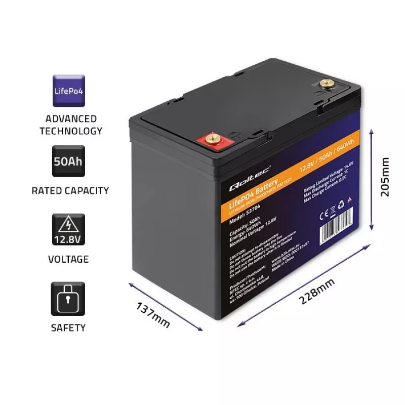 Bateria LiFePO4 QOLTEC 12,8 V 50 Ah (modelo 53704) para backup e armazenamento de energia