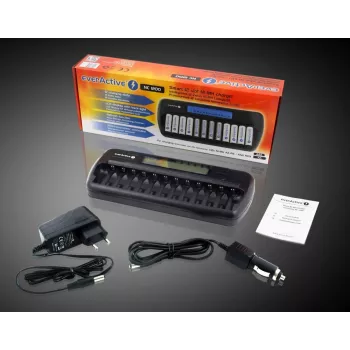 Carregador de pilhas everActive NC-1200 – carregador universal de 12 pilhas para AA/AAA, entrada de 12 V, preto