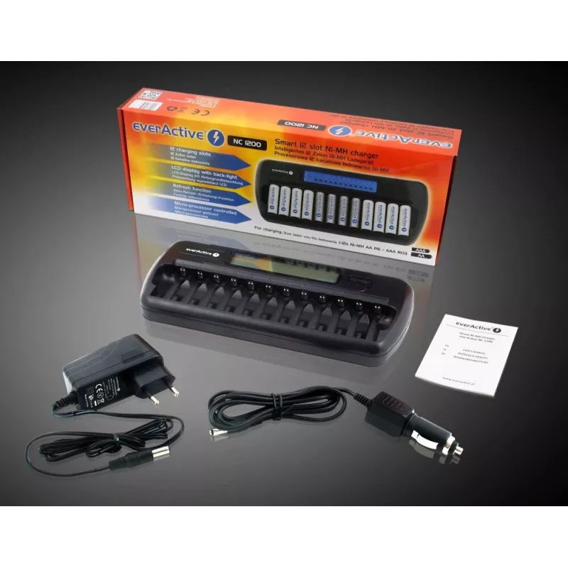 Carregador de pilhas everActive NC-1200 – carregador universal de 12 pilhas para AA/AAA, entrada de 12 V, preto