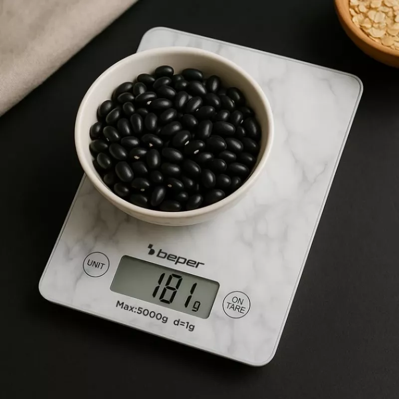 Balança de cozinha Beper P102BIL004 - digital, 5 kg, 1 g, mármore branco