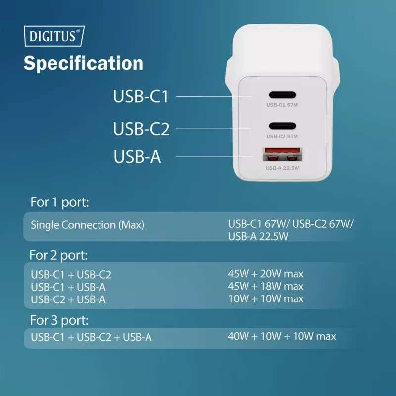 Carregador de parede DIGITUS DA-10303 67W GaN, 2× USB-C + 1× USB-A, 100–240V, branco
